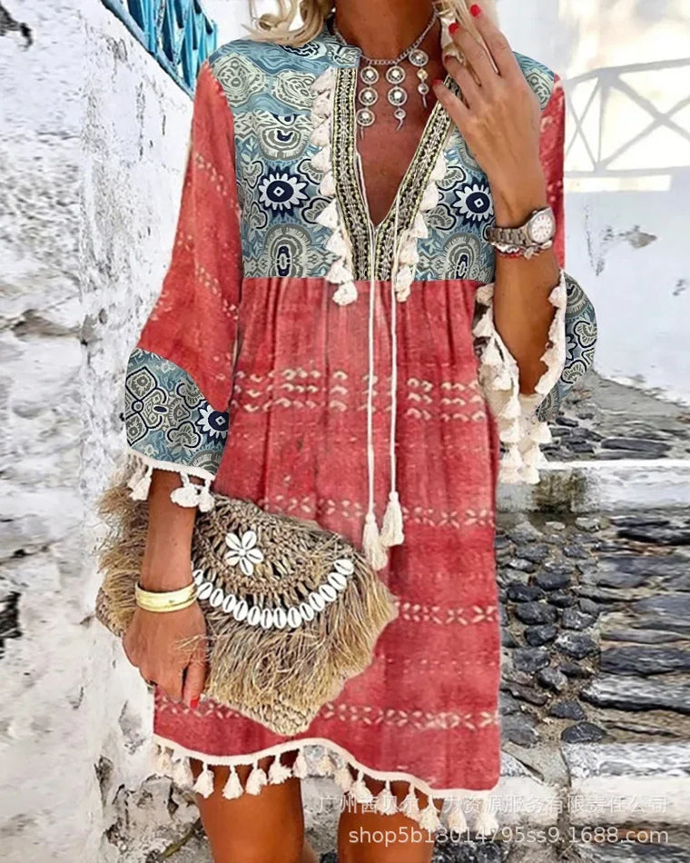 Vestido Bohemio Mujer - Mangas Acampanadas, Estampado Geométrico, Verano