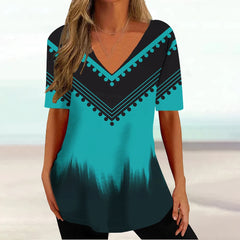 Camiseta con estampado geométrico 3D para mujer, camisetas a rayas para mujer, estilo bohemio, blusa informal de verano con cuello en V y manga corta, blusa holgada - Conexión Estilo - K01-SM11722 / 2XL