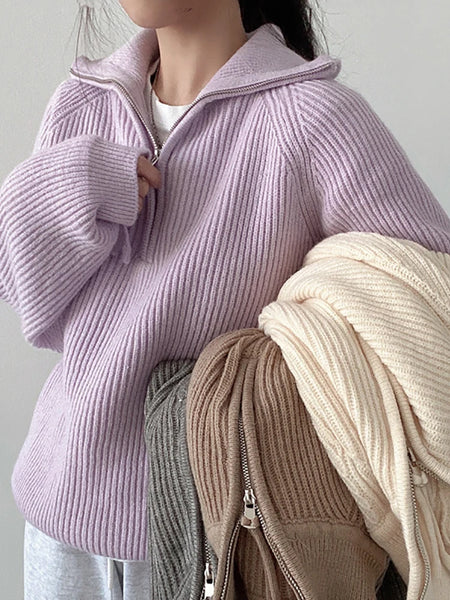 Suéter holgado con cremalleras para mujer, suéteres de cuello alto, Jersey liso cálido, prendas de punto, Tops básicos para mujer, Otoño Invierno 2024 - Conexión Estilo - GRAY / One Size