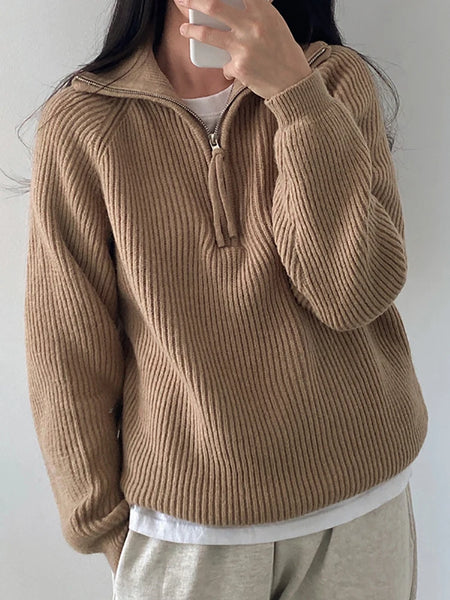 Suéter holgado con cremalleras para mujer, suéteres de cuello alto, Jersey liso cálido, prendas de punto, Tops básicos para mujer, Otoño Invierno 2024 - Conexión Estilo - Khaki / One Size