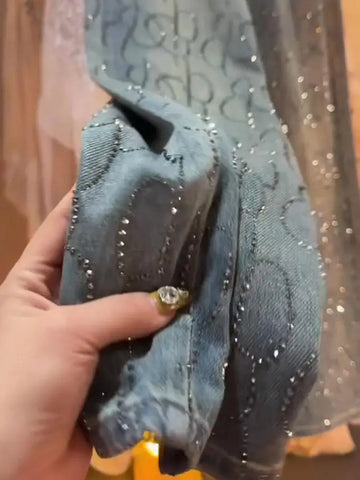Pantalones vaqueros con diamantes para mujer, de cintura alta, brillantes, holgados, de pierna ancha, con fregado de diamantes de imitación azules, pantalones de moda urbana - Conexión Estilo - Blue / L