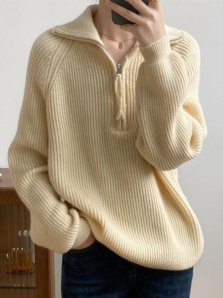 Suéter holgado con cremalleras para mujer, suéteres de cuello alto, Jersey liso cálido, prendas de punto, Tops básicos para mujer, Otoño Invierno 2024 - Conexión Estilo - WHITE / One Size