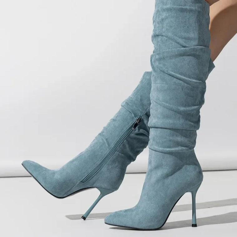 Botas Altas de Mezclilla Vintage para Mujer: Tacón Aguja y Plisadas para Invierno
