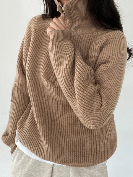 Suéter holgado con cremalleras para mujer, suéteres de cuello alto, Jersey liso cálido, prendas de punto, Tops básicos para mujer, Otoño Invierno 2024 - Conexión Estilo - WHITE / One Size