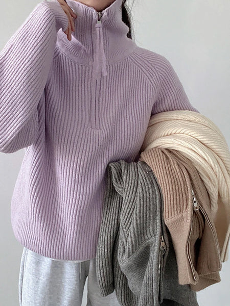 Suéter holgado con cremalleras para mujer, suéteres de cuello alto, Jersey liso cálido, prendas de punto, Tops básicos para mujer, Otoño Invierno 2024 - Conexión Estilo - WHITE / One Size