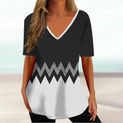 Camiseta con estampado geométrico 3D para mujer, camisetas a rayas para mujer, estilo bohemio, blusa informal de verano con cuello en V y manga corta, blusa holgada - Conexión Estilo - K01-SM11731 / XL