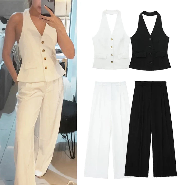 TRAF Conjunto Mujer Verano 2025: Top Halter y Pantalón Ancho Blanco y Negro